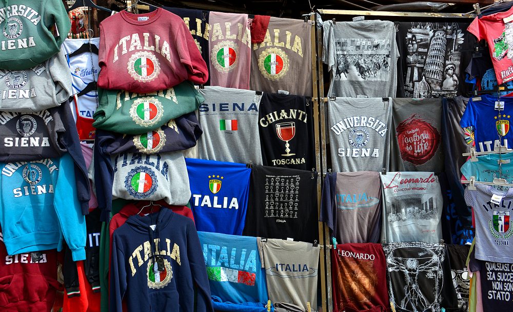 Siena Italy isn't just 700-year-old red-brick Gothic architecture. It's souvenir T-shirts and other kitsch, too..