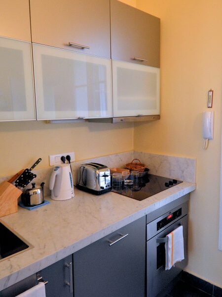The Place des Galeries apartment kitchen is small but remarkably well-equipped.