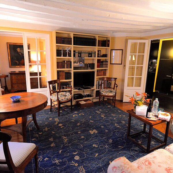 The large, flat-screen TV is appropriately outgunned by massed bookshelves.
