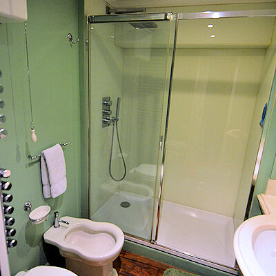 Toilet, bidet, sink, heated towel rack, and large shower.