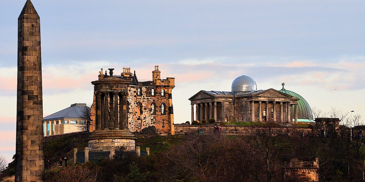 A collection of largely unrelated monuments occupies Edinburgh's Calton Hill on the east end of Princes Street.