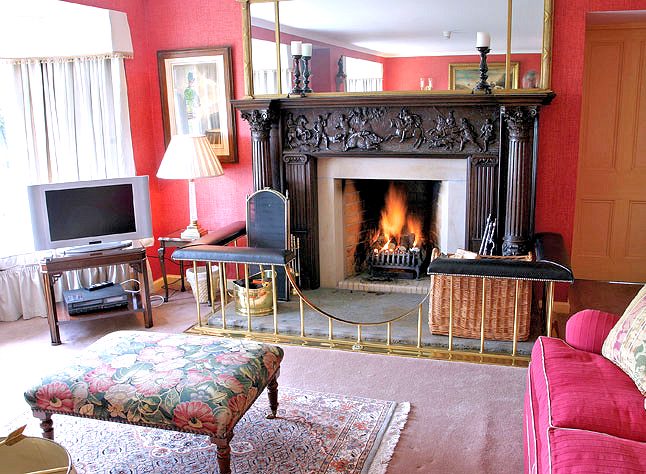 Old Main Cottage — Living room with fireplace and TV