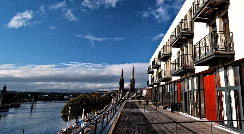 Home At First's west-facing Inverness apartment terraces and balconies overlook River Ness.