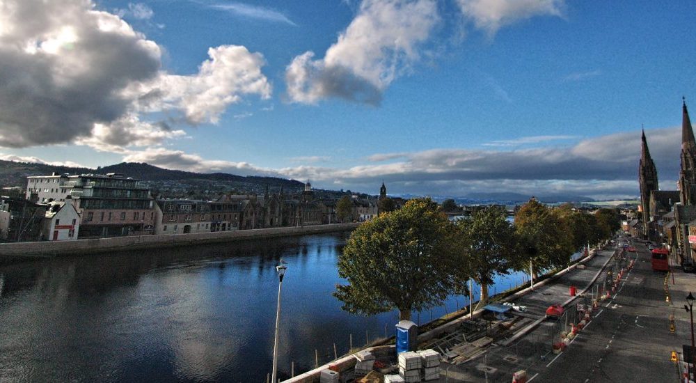 Inverness: the view north of River Ness & Ben Wyvis from an apartment terrace.