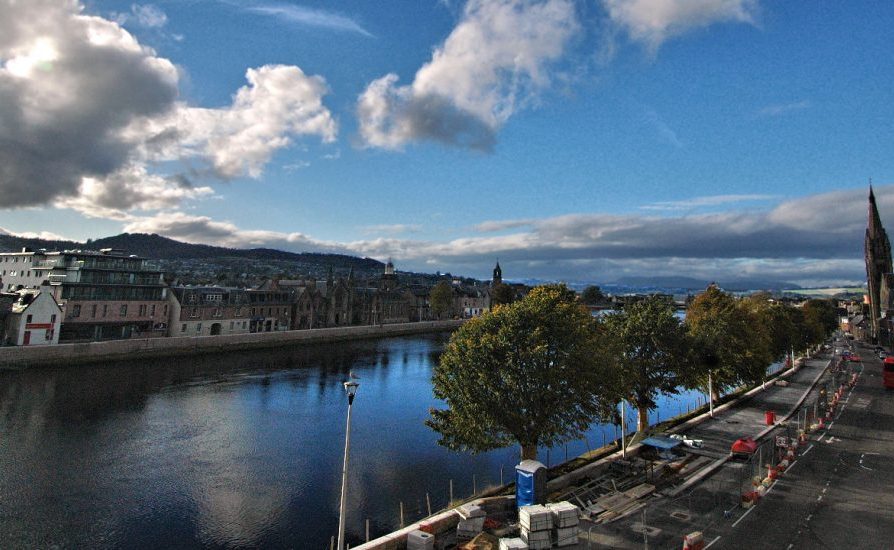 Inverness: the view north of River Ness & Ben Wyvis from an apartment terrace.