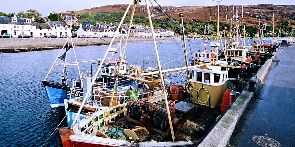 Ullapool harbour and fishing fleet on the west coast of Northern Scotland