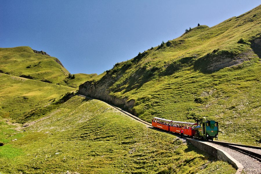 THE BERNESE OBERLAND - Steam-powered, cog-rail, Brienzer Rothorn train mountain climbing above treeline.