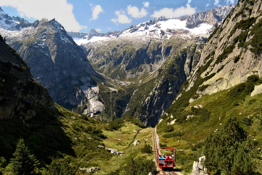 THE BERNESE OBERLAND - Open-car of the Gelmerbahn funicular descending to Handegg.