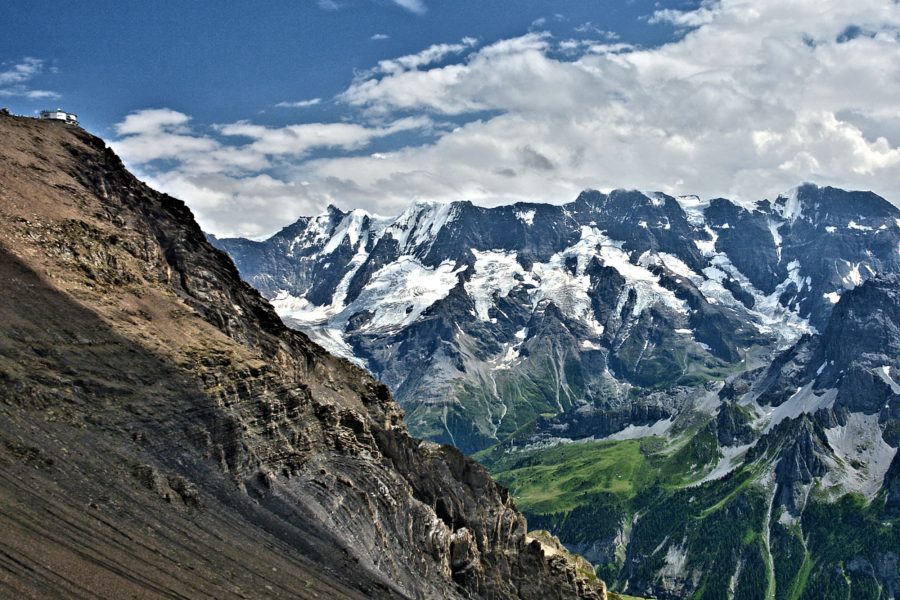 THE BERNESE OBERLAND - Piz Gloria revolving restaurant atop Schilthorn looking south to the north walls of the Bernese Alps.