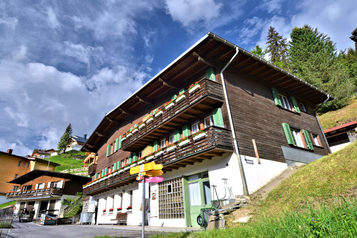 Chalet Eiger: exterior showing two 2-bedroom apartment on 2nd and 3rd floors. Photo © Home At First.