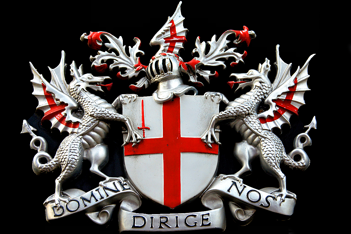 Watch for this coat of arms ("Lord Direct Us") at entries to the square mile of the City of London.