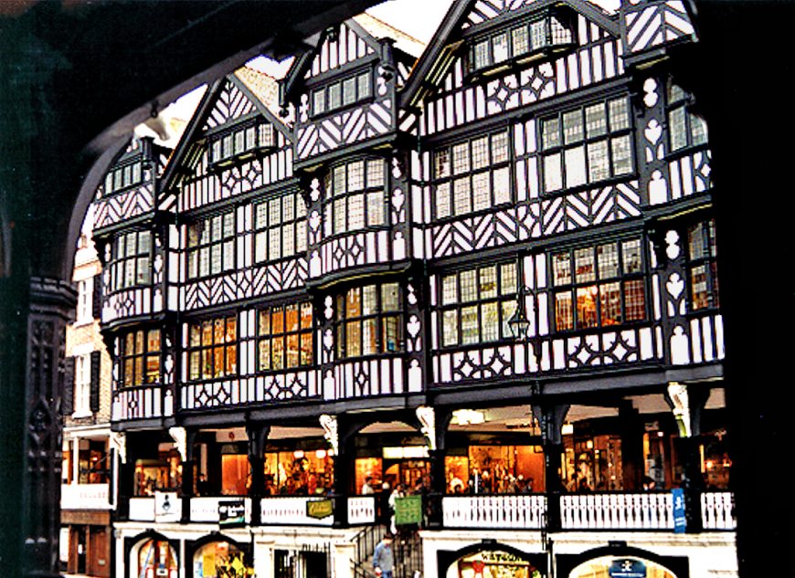 Chester Old City: medieval shopping arcade on Bridge St. Photo copyright Home At First.