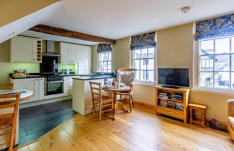 Hawkshead — Top of the Square 1-bedroom apartment: lower floor - kitchen-dining-living open plan. Photo courtesy the owners.