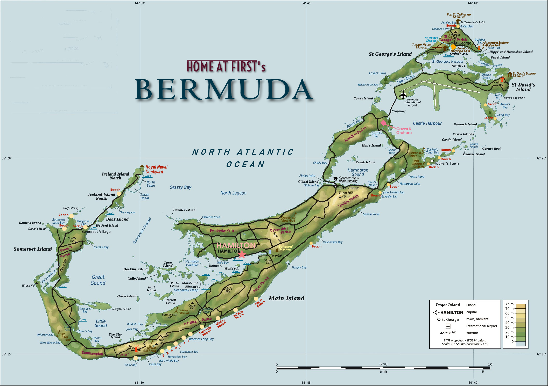 Home At First's Bermuda Map showing locations of Bermuda cottages and inns. Built on a base map by Eric Gaba - Wikipedia Commons User Sting.