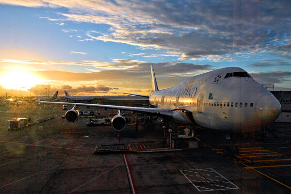 Early morning Air New Zealand flight arrival from Los Angeles being serviced in Auckland.