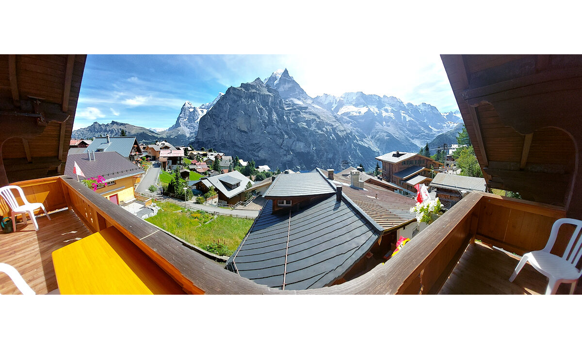 Chalet Silberhorn - Upper Apt - Panoramic Balcony View of Murren and Alps. Photo © Home At First