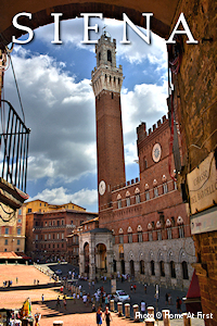 Siena's main Piazza del Campo from archway. The city's famed twice-annual Palio horse races are held here each summer. Photo © Home At First.