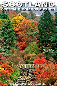 Autumn colors at the Crarae Glen Gardens, near Inveraray, western Central Scotland. Fall colors follow yellow gorse and purple heather when fall arrive. Photo by Paul Tomkins © VisitScotland.