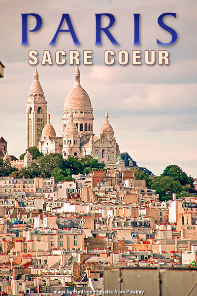 High atop Montmartre is the distinctive Basilica of Sacre Coeur with views across Paris. Image by Rodrigo Pignatta from Pixabay.Thanks to Pignatta!