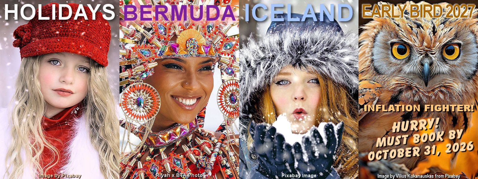 Featured Current Travel Bargains for October, 2026:Holidays 2026, Bermuda 2027, Iceland 2027, &Early-Bird 2027. Composite Image © Home At First. Featured Current Travel Bargains for October, 2026:Holidays 2026, Bermuda 2027, Iceland 2027, &Early-Bird 2027. Composite Image © Home At First.